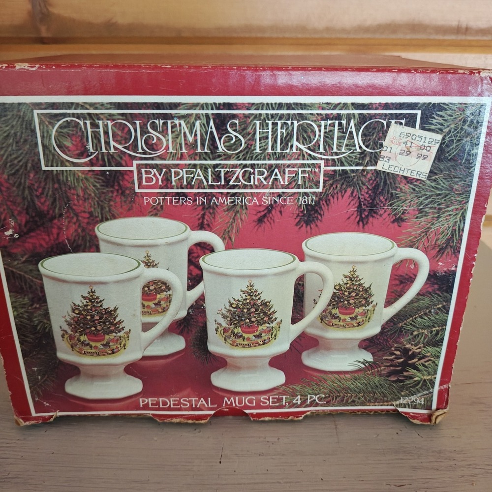 Set of 4 Pfaltzgraff Christmas Tree Heritage Footed Pedestal Mugs 12294 H2 - Picture 2 of 7